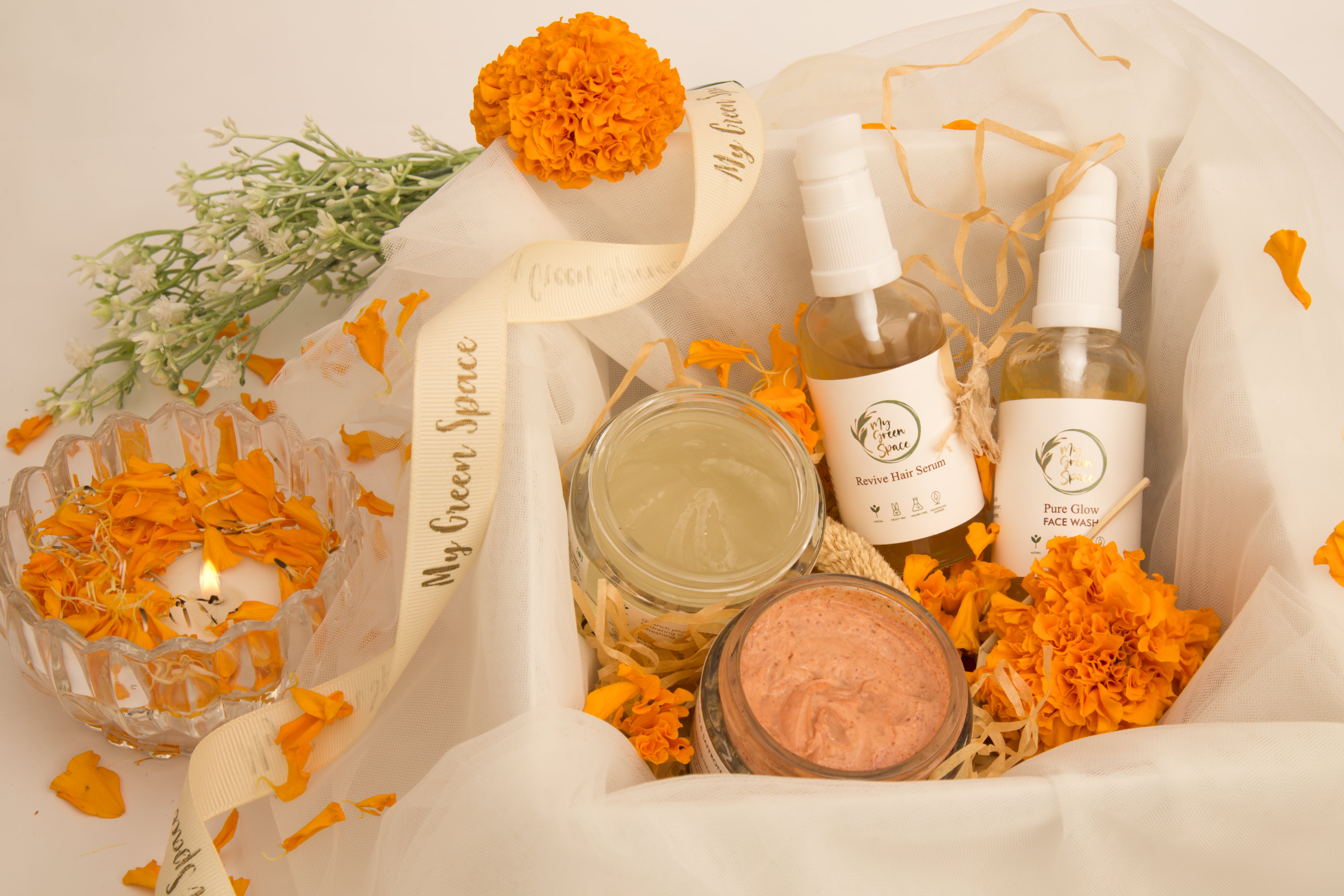 My Green Space Gift Hamper | Revive Hair Serum, Pure Glow Face Wash, Aqua Silk Face Hydrating Gel, Sandalwood and Saffron Body Scrub