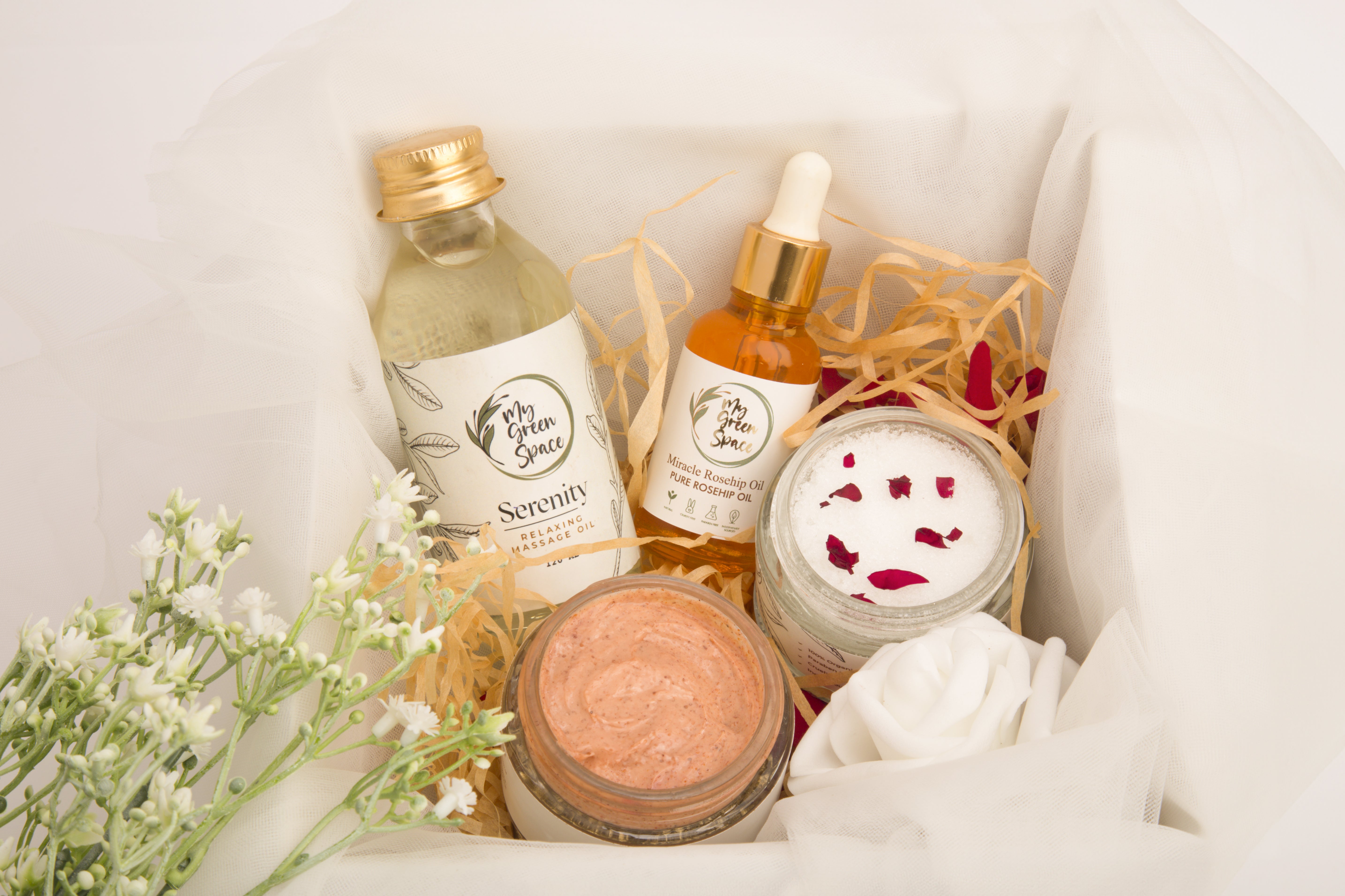My Green Space Gift Hamper | Rose & Geranium Bath Salt, Serenity Massage Oil, Miracle Rosehip Oil, Sandalwood and Saffron Body Scrub