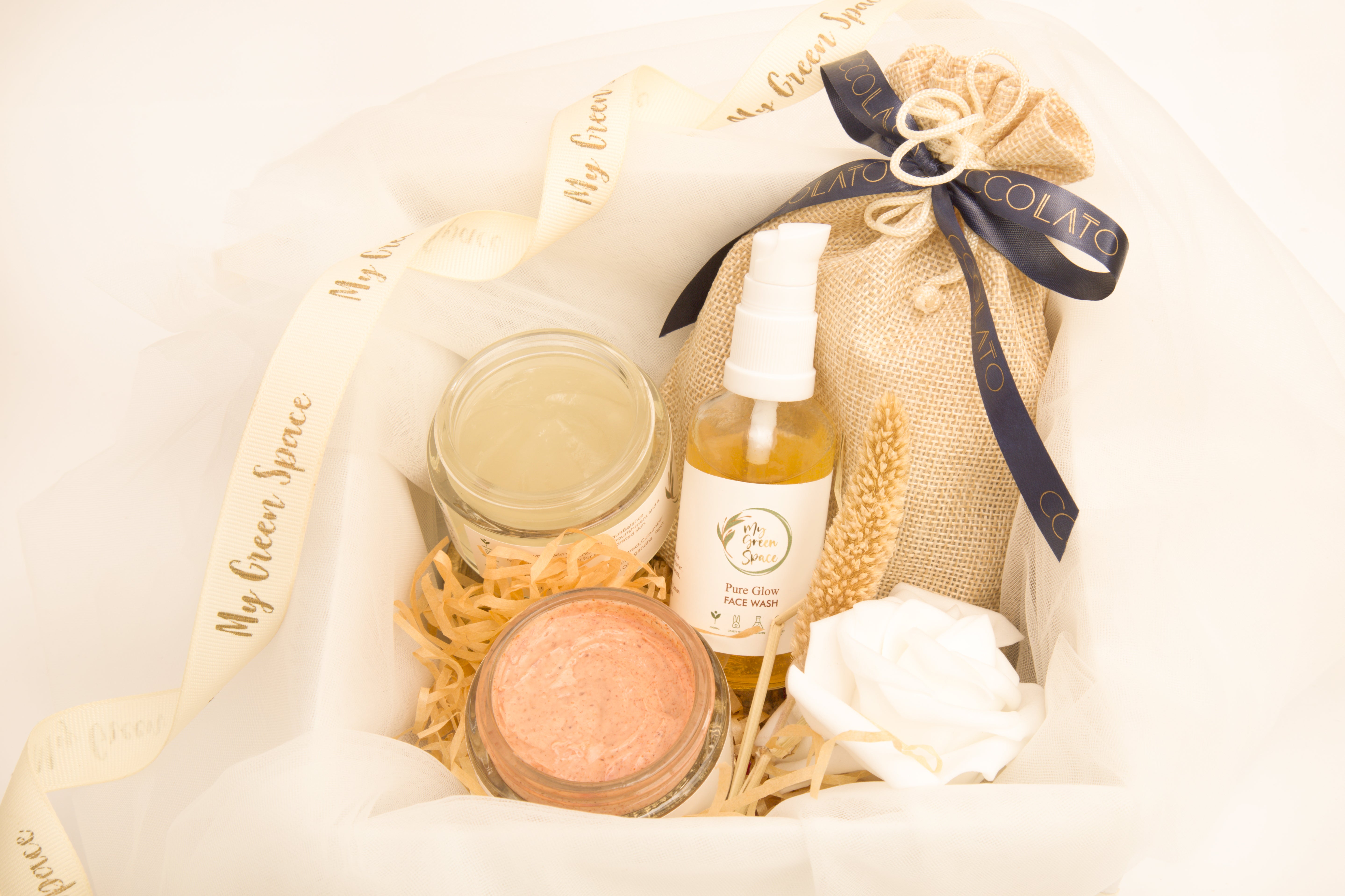 My Green Space Gift Hamper | Aqua Silk, Pure Glow Face Wash, Sandalwood and Saffron Body Scrub, Healthy Bites